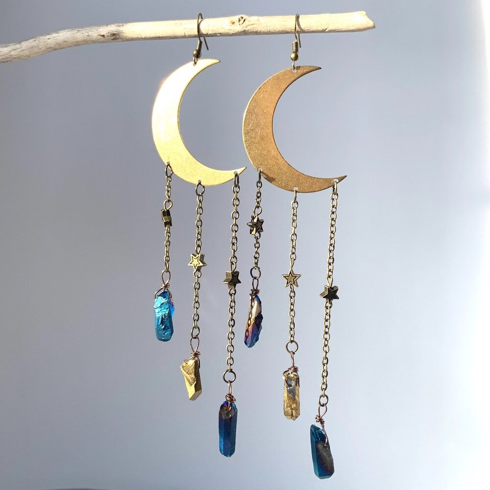 NEW~ Free People Crescent Moon Crystal Fringe Earrings